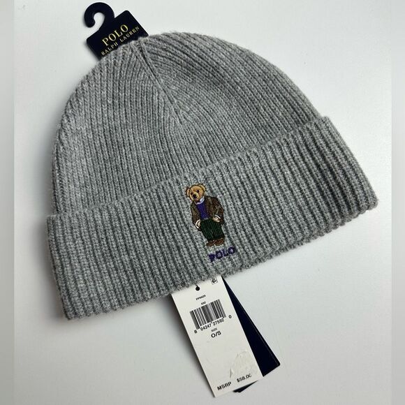 Polo Ralph Lauren RL Embroidered Bear Grey Beanie Cap One Size Fit NWT - Picture 1 of 6
